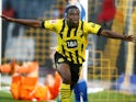 Youssoufa Moukoko celebrates scoring for Borussia Dortmund on September 17, 2022