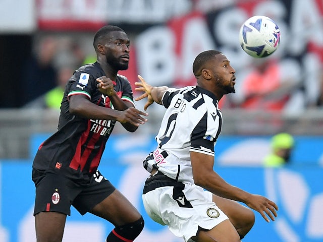 Udinese forward Beto in action against AC Milan defender Fikayo Tomori in August 2022.