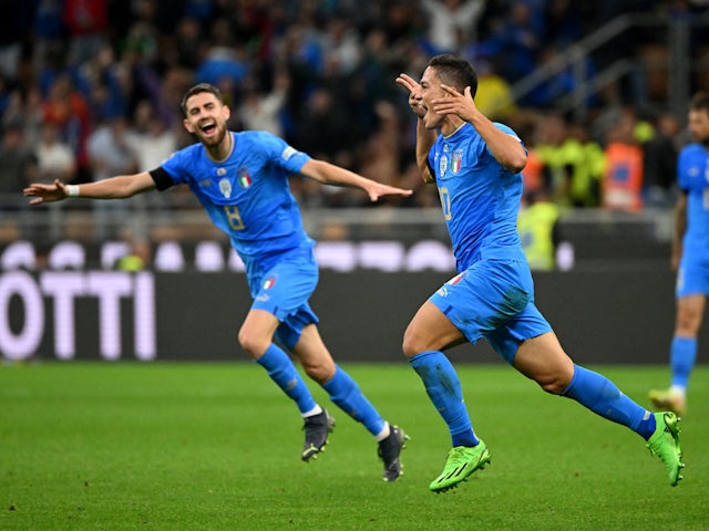 Giacomo Raspadori celebrates scoring for Italy against England on September 23, 2022
