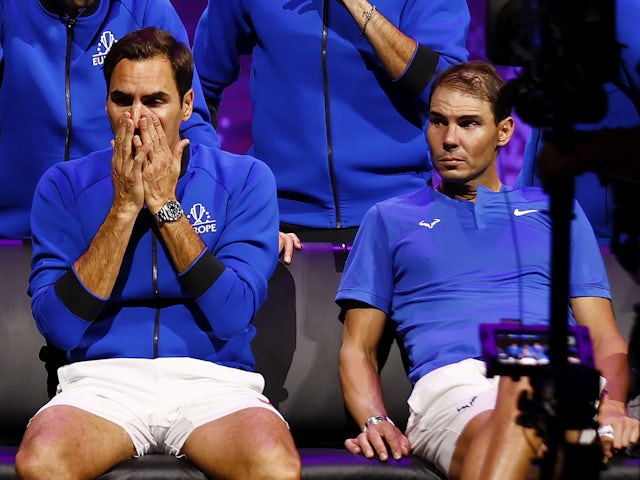 Team Europe's Roger Federer with Rafael Nadal at the end of his last match after announcing his retirement on September 24, 2022