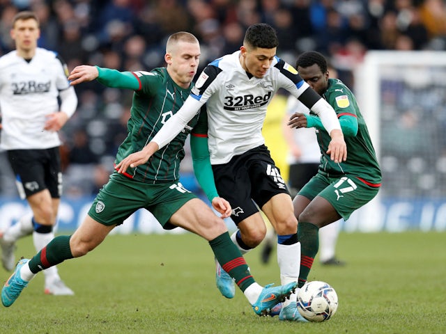 Luke Plange in action for Derby County in March 2022.