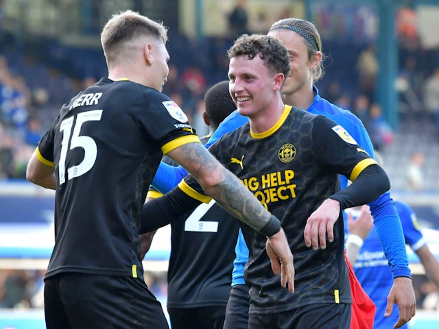 Nathan Broadhead after scoring for Wigan Athletic against Birmingham City on August 20, 2022.
