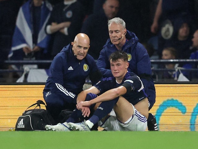 Everton defender Nathan Patterson after suffering a knee injury while playing for Scotland on September 21, 2022.