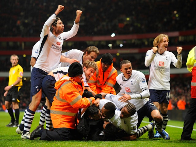Aaron Lennon celebrates scoring for Tottenham Hotspur against Arsenal in October 2008