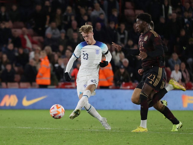England Under-21's Cole Palmer scores their third goal on September 27, 2022