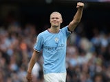 Manchester City's Erling Braut Haaland celebrates after the match on October 2, 2022