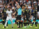 Leeds United's Luis Sinisterra is shown a red card by referee Stuart Attwell on October 2, 2022