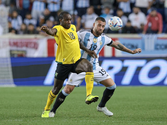 Jamaica's Michail Antonio in action with Argentina's Nicolas Otamendi on September 27, 2022