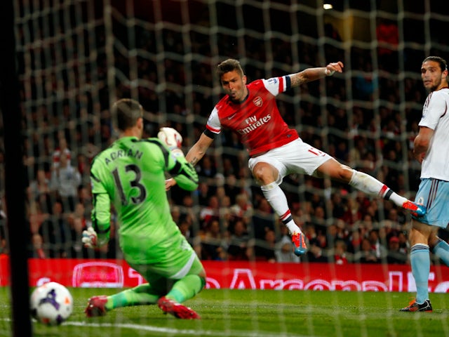 Olivier Giroud scores for Arsenal against West Ham United in 2014