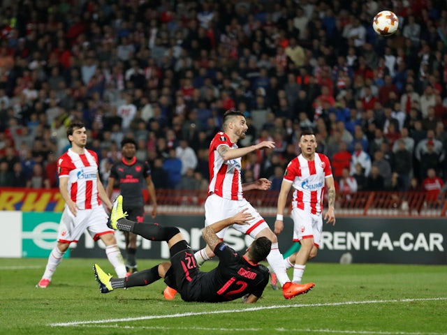 Olivier Giroud scores for Arsenal against Red Star Belgrade in October 2017