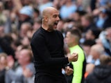 Manchester City manager Pep Guardiola celebrates their third goal on October 2, 2022