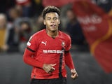 Desire Doue celebrates scoring for Rennes on October 6, 2022