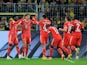 Bayern Munich's Leon Goretzka celebrates scoring against Borussia Dortmund on October 8, 2022