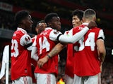 Arsenal's Eddie Nketiah celebrates scoring their first goal with teammates on October 6, 2022