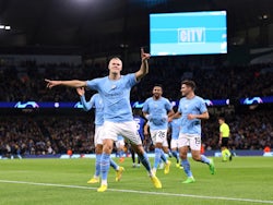 Manchester City's Erling Braut Haaland celebrates scoring against Copenhagen on October 5, 2022
