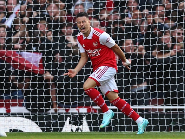 Gabriel Martinelli celebrates scoring for Arsenal on October 9, 2022