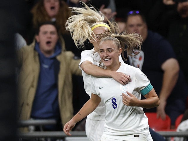 Georgia Stanway celebrates scoring for England Women on October 7, 2022