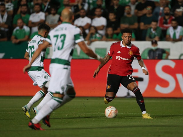 Manchester United's Jadon Sancho in action against Omonia on October 6, 2022