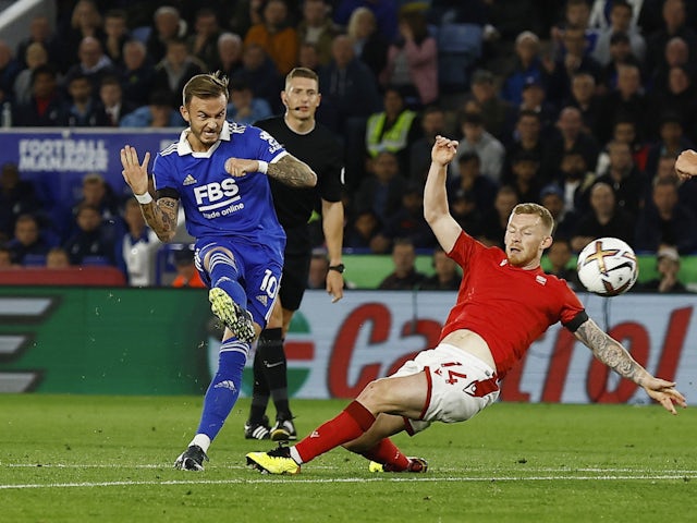 Leicester City's James Maddison scores against Nottingham Forest on October 3, 2022