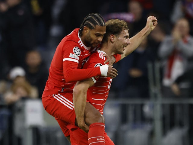 Bayern Munich's Serge Gnabry celebrates a goal with teammate Leon Goretzka on October 4, 2022