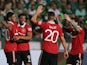 Manchester United players celebrate Anthony Martial's goal against Omonia on October 6, 2022