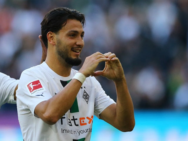 Ramy Bensebaini celebrates scoring for Borussia Monchengladbach on October 9, 2022