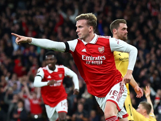Arsenal's Rob Holding celebrates scoring their second goal on October 6, 2022