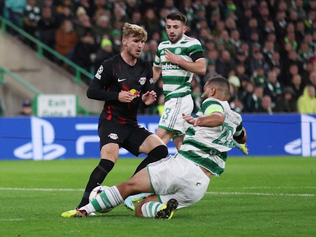 RB Leipzig's Timo Werner in action with Celtic's Cameron Carter-Vickers on October 11, 2022