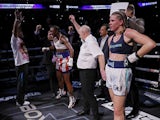 Claressa Shields celebrating her win against Savannah Marshall on October 15, 2022.