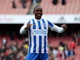 Brighton & Hove Albion's Enock Mwepu celebrates after the match on April 9, 2022