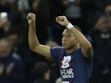 Paris Saint-Germain's (PSG) Kylian Mbappe celebrates scoring their first goal from the penalty spot on October 11, 2022