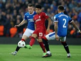 Rangers defender Leon King challenging Liverpool winger Luis Diaz on October 4, 2022.