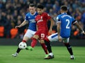 Rangers defender Leon King challenging Liverpool winger Luis Diaz on October 4, 2022.