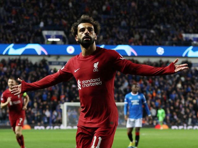 Liverpool attacker Mohamed Salah celebrates scoring against Rangers on October 11, 2022