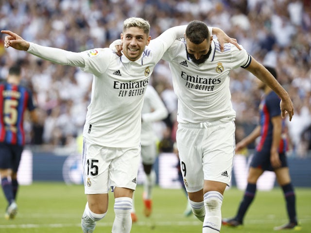 Real Madrid's Federico Valverde celebrates scoring against Barcelona on October 16, 2022