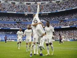 Real Madrid players celebrate Federico Valverde's goal against Barcelona on October 16, 2022