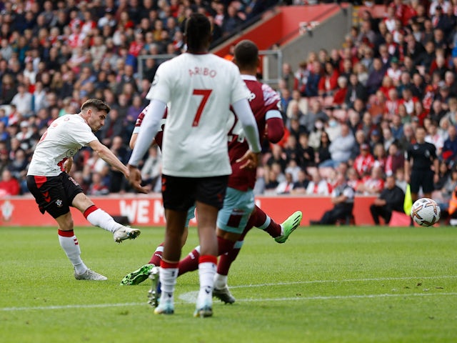 Romain Perraud scores for Southampton against West Ham United on October 16, 2022