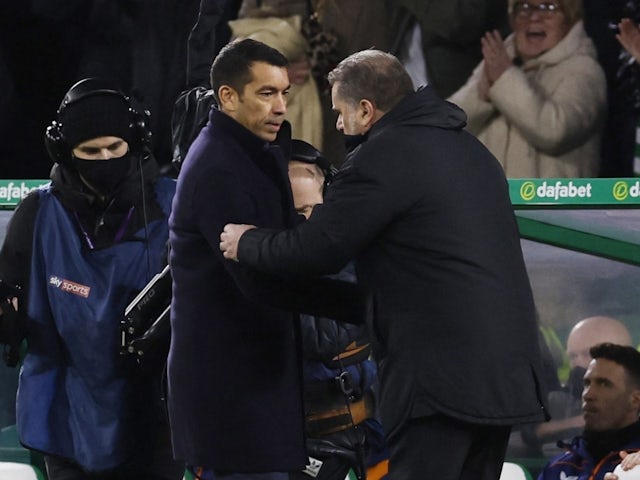 Rangers manager Giovanni van Bronckhorst shakes hands with Celtic manager Ange Postecoglou after the match on February 2, 2022