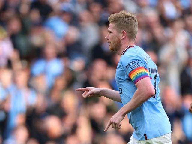 Manchester City's Kevin De Bruyne celebrates scoring their third goal on October 22, 2022
