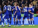 Leicester City's Harvey Barnes celebrates scoring their second goal with teammates on October 20, 2022