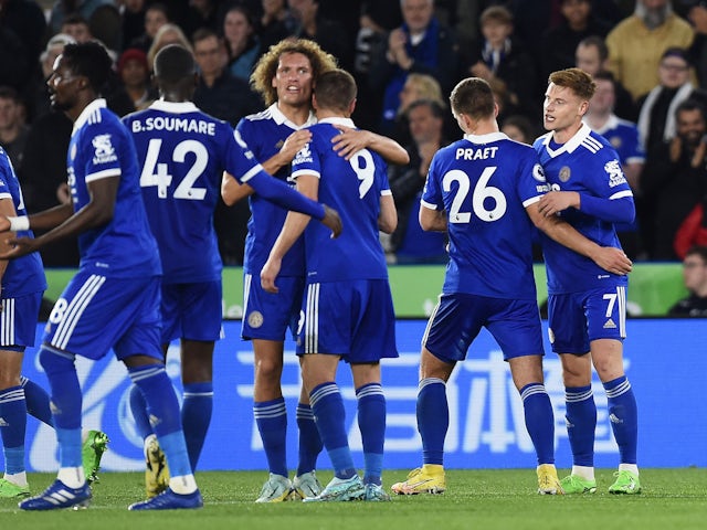 Leicester City's Harvey Barnes celebrates scoring his second goal with his team mates on October 20, 2022