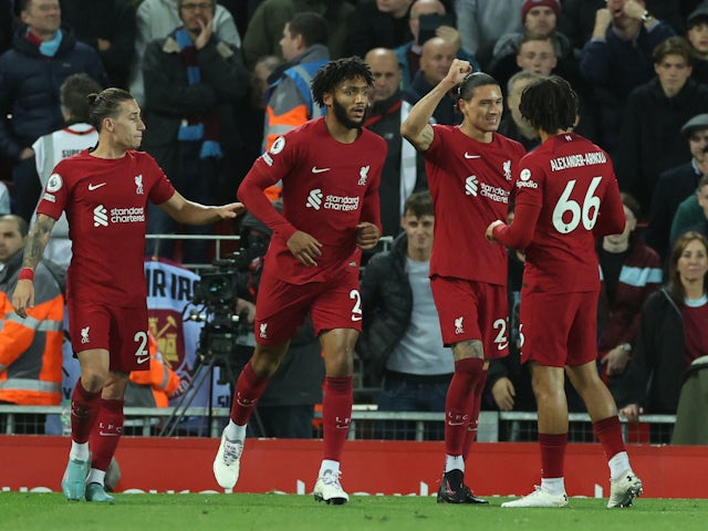 Liverpool's Darwin Nunez celebrates scoring against West Ham United on October 19, 2022
