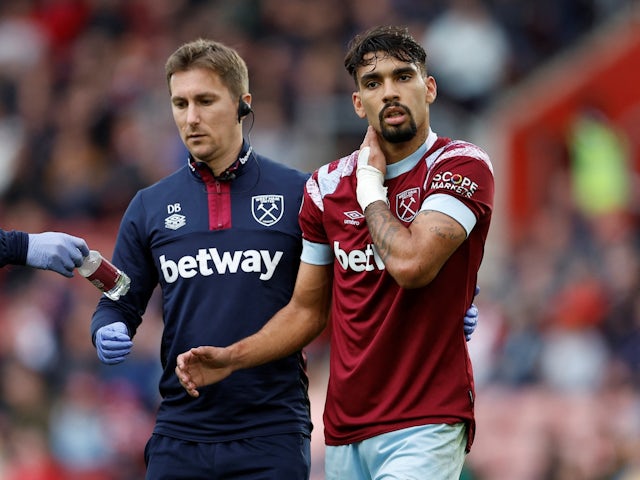 West Ham United's Lucas Paqueta receives medical attention on October 16, 2022