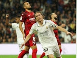 Real Madrid's Luka Modric celebrates scoring against Sevilla on October 22, 2022