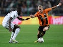 Shakhtar Donetsk's Mykhailo Mudryk in action with Real Madrid's Antonio Rudiger on October 11, 2022