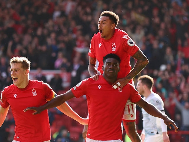 Taiwo Awoniyi scores for Nottingham Forest against Liverpool in the Premier League on October 22, 2022.