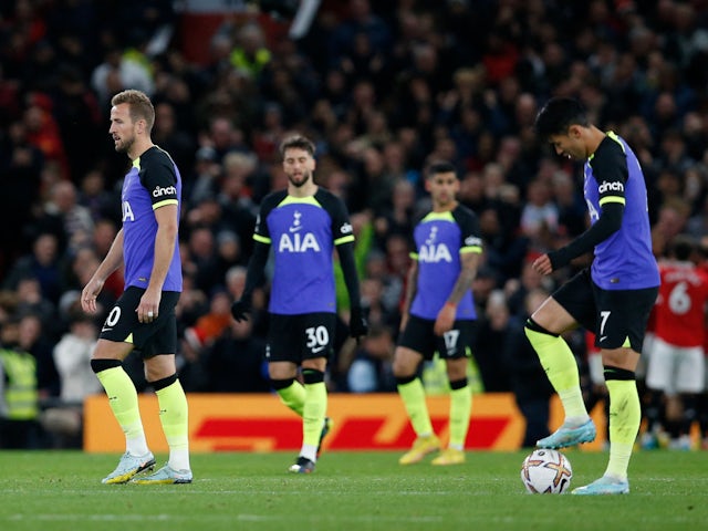 Tottenham Hotspur players look dejected after Fred scores for Manchester United on 19th October 2022