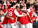 Arsenal's Reiss Nelson celebrates with teammates after scoring against Nottingham Forest on October 30, 2022