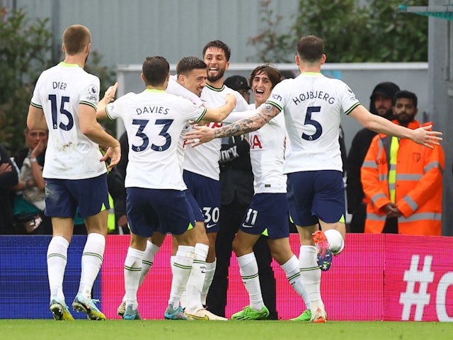 Tottenham Hotspur players celebrate Rodrigo Bentancur's goal against Bournemouth on October 29, 2022