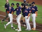 The Houston Astros celebrate after defeating the Philadelphia Phillies in Game 2 of the World Series on October 29, 2022